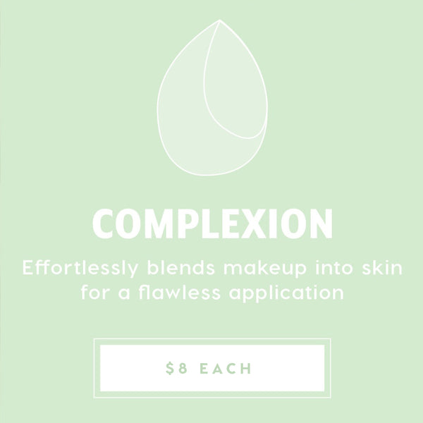 Complexion Blending Sponge blending foundation and concealer to a flawless finish, showcased on a mint-green promo card with a teardrop sponge line icon and $8 each price, part of ColourPop Makeup Tools & Accessories.
