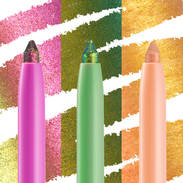 Three ColourPop Chrome Crème Gel Liner pencils stand upright, their chrome tips sparkling in pink‑gold, teal‑green, and peach‑gold shifts against matching metallic swatch backdrops, highlighting the Chrome on Chrome bundle shades.