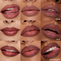 Lips wearing Total Slay, the ColourPop So Juicy Plumping Lip Liner Set, swatched in a 3x3 close-up grid on varied skin tones - rich brown‑nude shades Tease, Slay, and Mocha Latte - showing precise lining, plumped fullness, and a soft satin sheen.