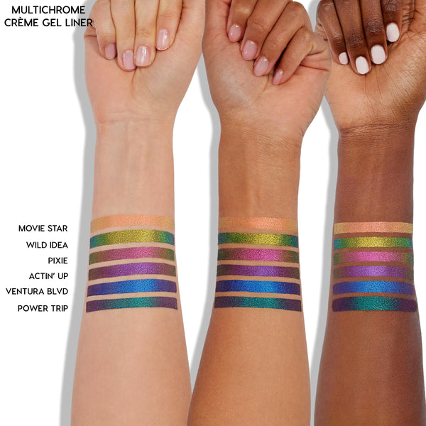 Chrome on Chrome Chrome Crème Gel Liner by ColourPop swatched in six multichrome stripes on three forearms (light, medium, deep), shades Movie Star, Wild Idea, Pixie, Actin' Up, Ventura Blvd, Power Trip, showing bold metallic color shifts.