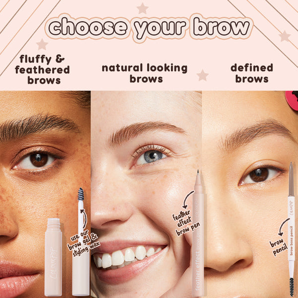 ColourPop Bangin' Brunette Brow Pencil defining a clean, sculpted brow on a model; slim white dual-ended pencil with micro tip and spoolie shown in a choose-your-brow layout comparing fluffy, natural, and defined brow looks.