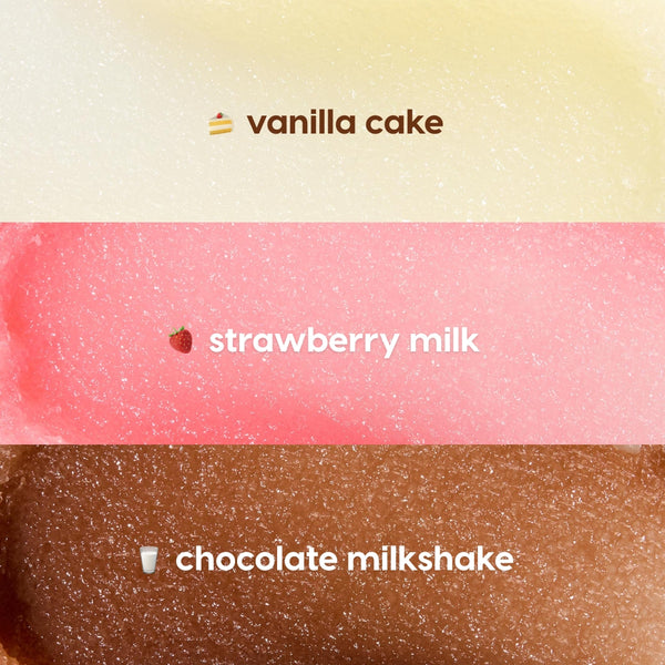 ColourPop Neapolitan Sundae lip scrub swatches display three dessert shades - vanilla cake (creamy ivory), strawberry milk (soft pink), and chocolate milkshake (rich brown) - spread in horizontal bands to show gritty sugar texture.