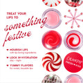 Colourpop Merriest Pout lip set featuring Fresh Kiss lip treatments shown in red-and-white swirled pots beside peppermint candies in a festive holiday flat lay, highlighting nourish lips, lock in hydration, and yummy flavors.