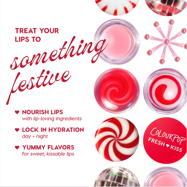 Colourpop Merriest Pout lip set featuring Fresh Kiss lip treatments shown in red-and-white swirled pots beside peppermint candies in a festive holiday flat lay, highlighting nourish lips, lock in hydration, and yummy flavors.