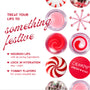 Colourpop Merriest Pout lip set featuring Fresh Kiss lip treatments shown in red-and-white swirled pots beside peppermint candies in a festive holiday flat lay, highlighting nourish lips, lock in hydration, and yummy flavors.