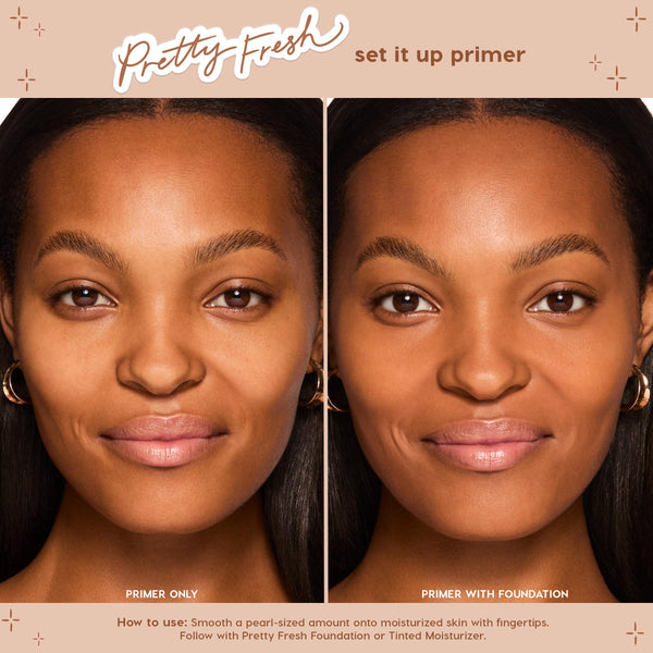 Before-and-after split close-up shows a model with primer only on the left and primer plus foundation on the right, highlighting smoother, more even skin; showcases Hydrating Prime + Set ColourPop Face Set for hydrating prep and long-wear makeup.