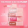 ColourPop So Juicy Lip Oil Set 100% Juicy, four stacked gloss tubes in nude, pink, and brown with a doe-foot applicator dripping gloss, showcasing plumping, smoothing, glass-like shine claims against a pink backdrop.