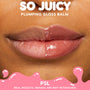 Glossed lips showing a split-screen before-and-after: left bare, right coated in She's So Juicy PSL for a high-shine, fuller look; studio close-up highlighting ColourPop So Juicy Plumping Gloss Balm with Peptides results.