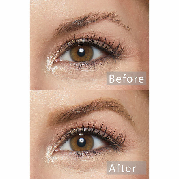 ColourPop Cool Cocoa Pencil filling and shaping eyebrows - before and after close-up shows a sparse brow above a brown eye becoming fuller and more defined after application, demonstrating the brow pencil's natural, polished finish.