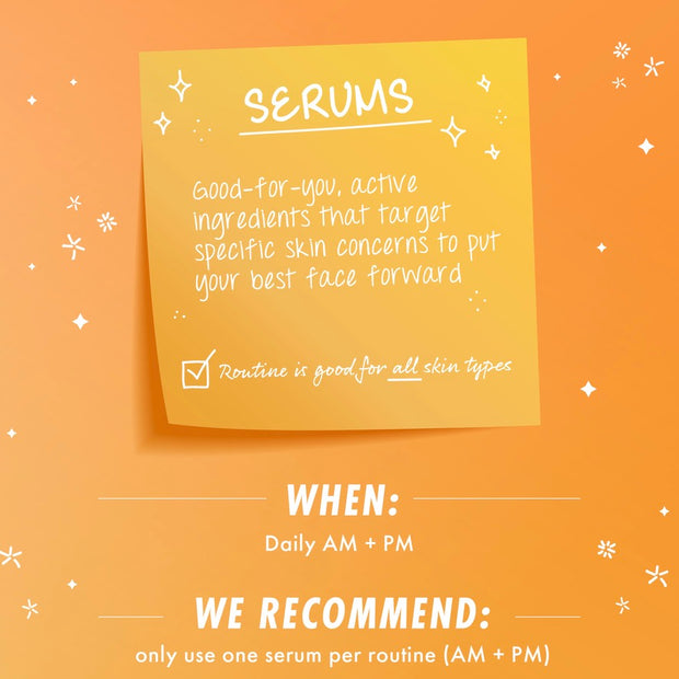 Reveal 10% AHA Serum usage guide - ColourPop Face Serum promotes targeted active ingredients; note highlights daily AM + PM application, one serum per routine, and suitability for all skin types - on an orange sticky-note graphic with star doodles.
