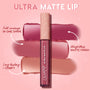 ColourPop Ultra Matte Lip in Toast stands centered over three lipstick swatches, highlighting full-coverage, weightless matte payoff; long-lasting, comfy nude-rose shade with peachy undertones on a pink starry background.