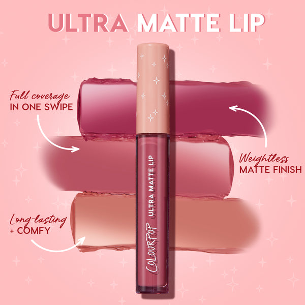 ColourPop Ultra Matte Lip in Fifth Avenue stands upright with a nude cap over three matte swatches (berry, rose, peach) on a pink backdrop, with callouts for full coverage in one swipe, weightless matte finish, and long‑lasting comfy wear.