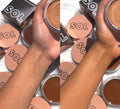 ColourPop SOL Face & Body Bronzing Balm in Dark swatched on a forearm, showing a side-by-side before-and-after glow; the creamy bronzer deepens to a sun-kissed tan amid several SOL Body compacts and boxes on a white surface.