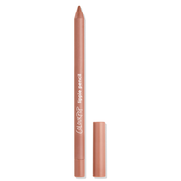 ColourPop Lippie Pencil in BFF stands uncapped, revealing a warm nude-brown tip, with the matching cap beside it on a white background; sleek rose-beige barrel with white logo, precision lip liner for defining and shaping lips.