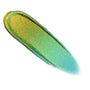 Beetle Chrome Liquid Shadow swatch shifting from golden olive to emerald and teal, gliding in a smooth elongated swipe on a white background, showcasing the high-shine, sparkly multichrome finish of the ColourPop Chrome Liquid Shadow.
