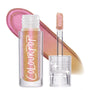 Bliss ColourPop Chrome Liquid Shadow shows a multi-chrome shift from rose pink to gold to lavender; clear tube with ColourPop logo and star-etched cap stands open, doe-foot applicator raised, with a shimmering swatch behind on a white studio background.