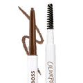 Brunette Brow Boss Pencil brow makeup shown uncapped with a fine brown retractable tip beside a spoolie brush, both in white tubes with ColourPop branding against a clean white background and a brown brow color swatch behind them.