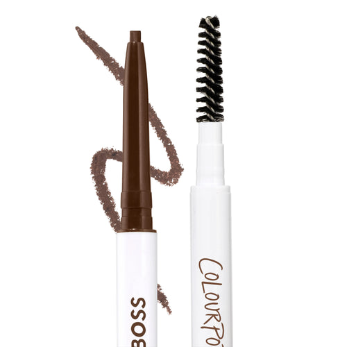 Dark Brown Brow Boss Pencil with retractable dark brown tip and spoolie brush, shown on white background with a brown brow makeup swatch curving behind the dual-ended ColourPop eyebrow pencil.