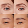 ColourPop Cool Cocoa Pencil brow pencil defining brows in a split-screen grid: left-before/right-after on two models, turning sparse arches into fuller, neatly shaped eyebrows with hairlike strokes in a cool cocoa brown, close-up eyes.