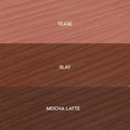 Three stacked lip liner swatches labeled Tease (soft pink nude), Slay (warm brown), and Mocha Latte (deep mocha) show a smooth, creamy texture, representing the ColourPop So Juicy Plumping Lip Liner Set, Total Slay.