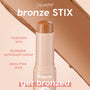 ColourPop Bronzer Stix in Shell Beach stands uncapped as a twist-up cream bronzer ready to glide, set before a warm bronze swatch; callouts note hydrating, buildable, mess-free, sunkissed color for a quick natural glow.