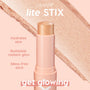 ColourPop Lite Stix Glazey highlighter stands uncapped, a twist-up champagne shimmer in a peach tube, set on a pink backdrop with a sweeping luminous swatch and callouts for hydrating, buildable, mess-free glow.