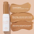 ColourPop Pretty Fresh Tinted Foundation Balm in Medium Dark 16 stands uncapped beside three warm medium-dark swatches, showing light-to-medium buildable coverage and a blurring, second-skin finish; skincare-infused with hyaluronic acid, peptides, and niacinamide.