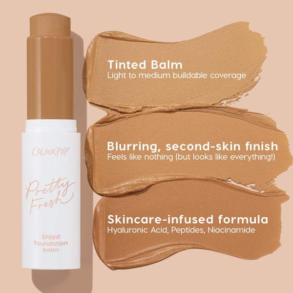 ColourPop Pretty Fresh Tinted Foundation Balm in Medium Dark 16 stands uncapped beside three warm medium-dark swatches, showing light-to-medium buildable coverage and a blurring, second-skin finish; skincare-infused with hyaluronic acid, peptides, and niacinamide.