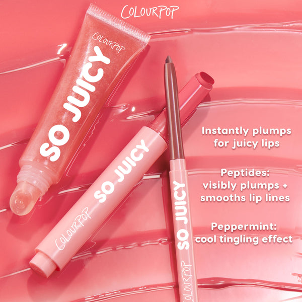 ColourPop So Juicy Plumping Lip Liner Set, Juiciest Pout, featuring a pink shimmer gloss tube and matching mauve lip liner arranged on a glossy pink smear, highlighting peptide-powered plumping and peppermint tingle for smoother, fuller lips.