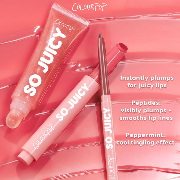 ColourPop So Juicy Plumping Lip Liner Set, Juiciest Pout, featuring a pink shimmer gloss tube and matching mauve lip liner arranged on a glossy pink smear, highlighting peptide-powered plumping and peppermint tingle for smoother, fuller lips.