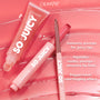 ColourPop So Juicy Plumping Lip Liner with Peptides in Westwood, cap off to show a rosy-brown tip, pairs with So Juicy gloss on a glossy pink backdrop; callouts highlight peptides for smoothing, instant plumping, and a peppermint tingle.