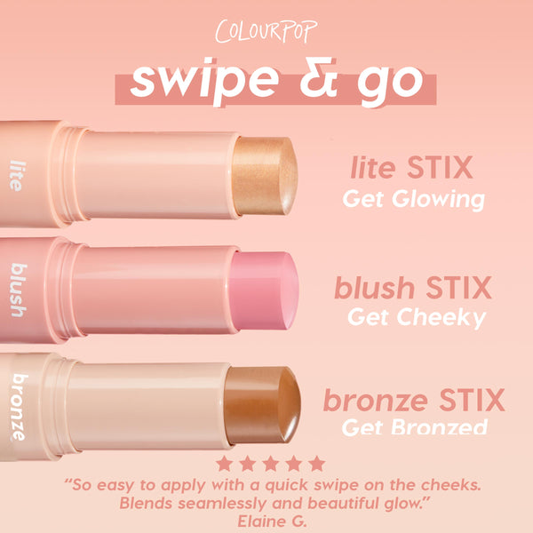 Glazey Lite Stix highlighter - champagne-gold ColourPop Lite Stix - twist-up bullet extended, displayed alongside blush and bronze sticks on a peach gradient backdrop with “swipe & go” messaging for a quick, blendable glow.