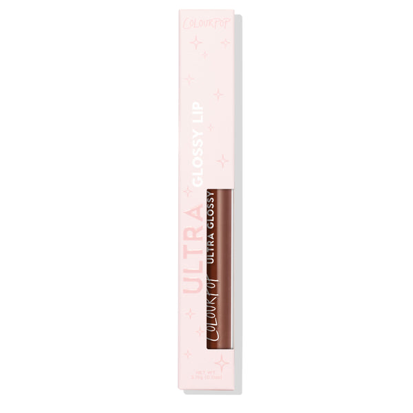 ColourPop Ultra Glossy Lip in Coffee Break displayed upright in a pastel pink box with star accents, the warm mocha-brown gloss tube visible through a clear window, set against a clean white background.