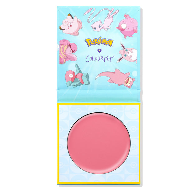 Metronome ColourPop Cream Blush opened to reveal a smooth rosy‑pink pan, set in a light‑blue compact with Pokémon x ColourPop artwork and yellow trim, displayed against a clean white background.