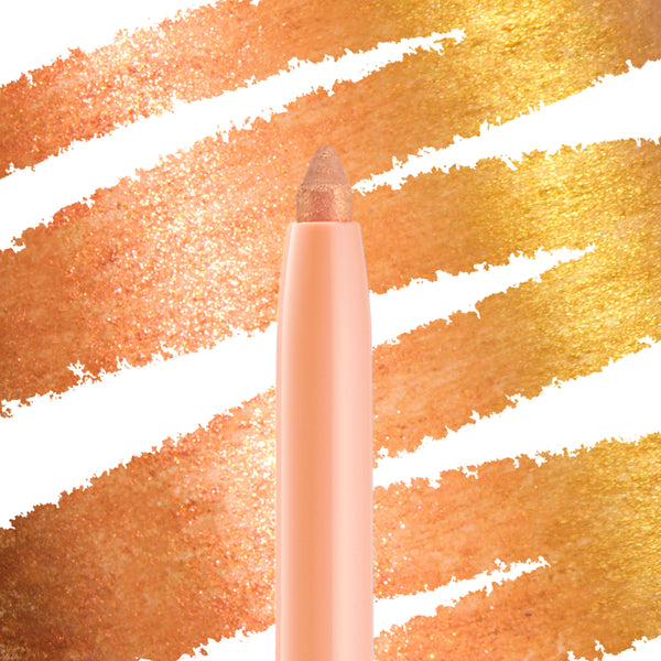 Chrome on Chrome ColourPop Chrome Crème Gel Liner stands tip-up, its peach barrel and sparkling multi-chrome tip shifting copper to gold, with bold metallic swatches behind demonstrating the creamy, opaque payoff of this Chrome Crème Gel Liner.