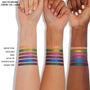 Chrome on Chrome Chrome Crème Gel Liner by ColourPop swatched in six multichrome stripes on three forearms (light, medium, deep), shades Movie Star, Wild Idea, Pixie, Actin' Up, Ventura Blvd, Power Trip, showing bold metallic color shifts.