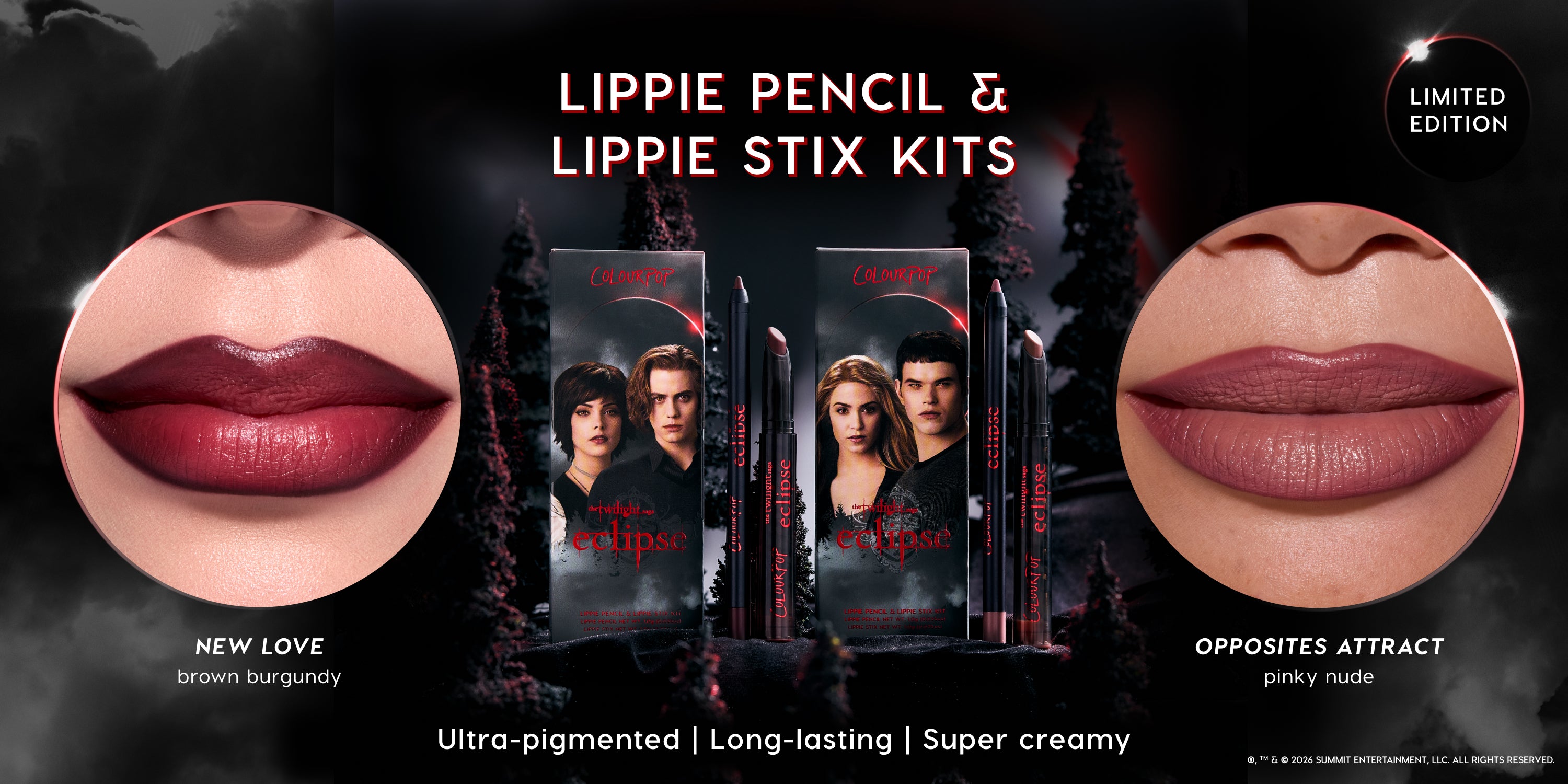 ColourPop Twilight Eclipse Lippie Pencil and Lippie Stix kits displayed between close-ups of lips wearing New Love brown burgundy and Opposites Attract pinky nude shades, against a dark forest eclipse background with limited edition callout.