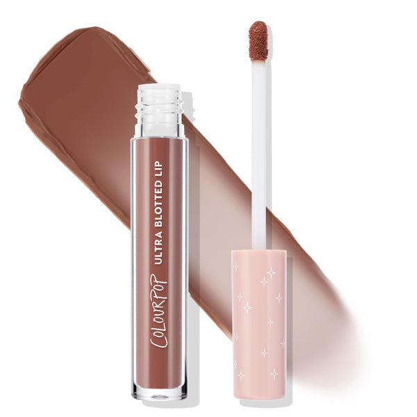 ColourPop Ultra Blotted Lip in Espresso Martini, a soft‑matte espresso brown, shown with open clear tube and doe‑foot applicator beside a wide swatch illustrating its lightweight blurred finish on a white background.