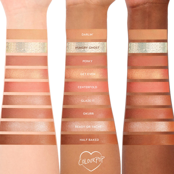 Baby Got Peach ColourPop Shadow Palette swatched on three arms (light, medium, deep), showing peach and copper mattes and shimmers - Darlin’, Hungry Ghost glitter, Perky, Get Even, Centerfold, Glaze It, Okurr, Ready or Yacht, and Half Baked.