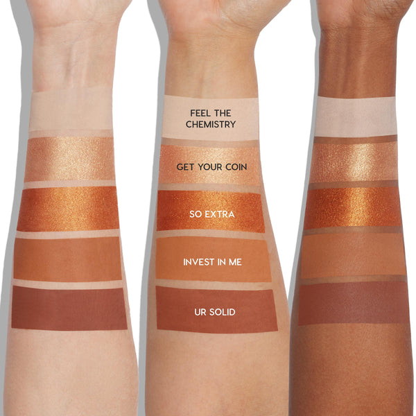 ColourPop Precious Metals shadow palette swatched on three arms against a white background, showing five shades - Feel the Chemistry (matte ivory), Get Your Coin (shimmery gold), So Extra (metallic copper), Invest In Me (matte caramel), Ur Solid (matte chestnut).