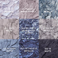 ColourPop So Elemental shadow palette showing nine crushed cool-toned blue and lavender pans labeled Angelite Metallic, Stay Lowkey Matte Sparkle, 2000s Metallic, All Vibes Matte, Malibu Waves Pearlescent Glitter, In the Zen Metallic, Calm Down Matte, Out of the Blue Metallic, and See Ya Matte, highlighting shimmery and matte finishes for US makeup lovers shopping shadow palettes.
