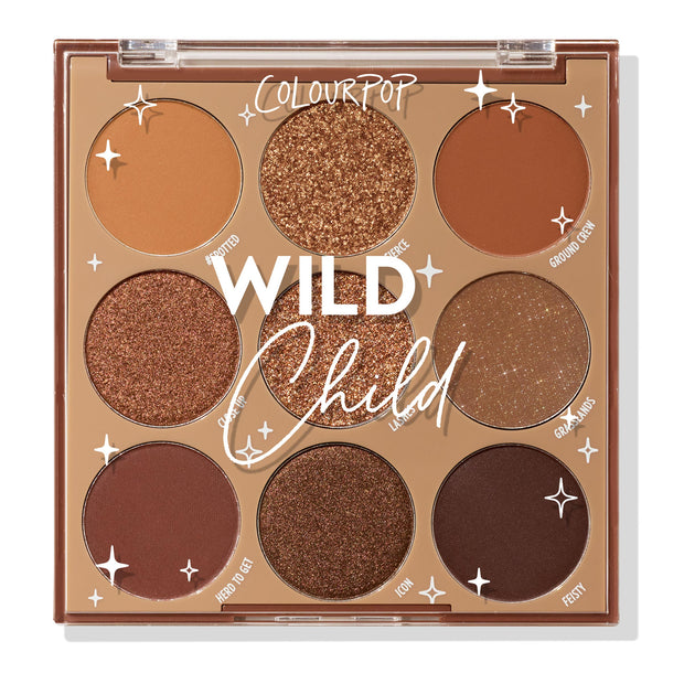 ColourPop Wild Child shadow palette displays nine warm brown neutrals - matte, metallic, and glitter - arranged 3x3 in a tan compact with a clear lid, shade names like Spotted, Fierce, Ground Crew, and Feisty visible; studio product shot on white.