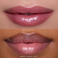 Close-up split image of two models’ lips wearing Gloss Me Up ultra glossy lip set in shade 2 Die 4 from the Heart to Get collection, showing high-shine, shimmery pink gloss on different skin tones against a soft-focus background.