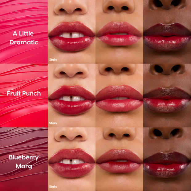 ColourPop Lip Stain Very Berry swatch grid showing A Little Dramatic, Fruit Punch, and Blueberry Marg on lips across light to deep skin tones, glossy berry-red stain finish, in a close-up 3x3 layout for shade comparison.