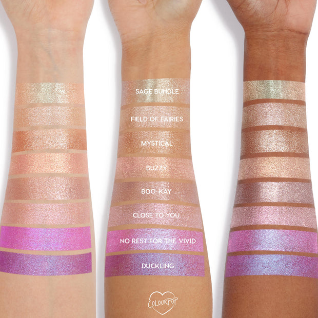 ColourPop Billionaire Jelly Much Shadow swatched on three arms in a gradient of shimmering shades, showcasing the metallic, high-shine eyeshadow finish and color payoff on multiple skin tones for US makeup lovers.
