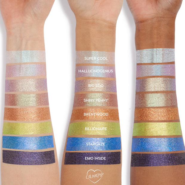 ColourPop Buzzy Jelly Much Shadow eyeshadow swatches shown in labeled, shimmering stripes on three arms of different skin tones, highlighting the vibrant multi-color payoff and metallic finish for US makeup lovers.