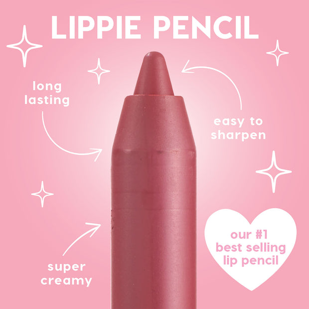 Cool Besties ColourPop Lippie Pencil standing upright to showcase its creamy, sharpenable rosy-mauve tip, on a pink backdrop with callouts for long lasting, easy to sharpen, super creamy, and a heart noting our #1 best selling lip pencil.