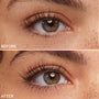 Lashes lengthened and lifted with ColourPop Lengthening Mascara in Black, shown in a side-by-side macro before-and-after of one eye; after image features darker, defined, separated lashes with a curled finish.
