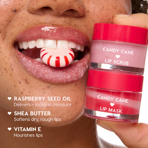 Colourpop Merriest Pout lip set - Candy Cane Lip Scrub and Lip Mask - shown beside glossy lips holding a peppermint candy, scrub crystals visible; festive duo hydrates and softens with raspberry seed oil, shea butter, and vitamin E.