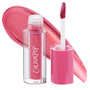 ColourPop Lip Stain Mantra stands open, doe-foot applicator coated in rosy pink pigment, with a glossy swatch behind; clear acrylic tube with white ColourPop logo and pink cap showcases the liquid lip stain shade.